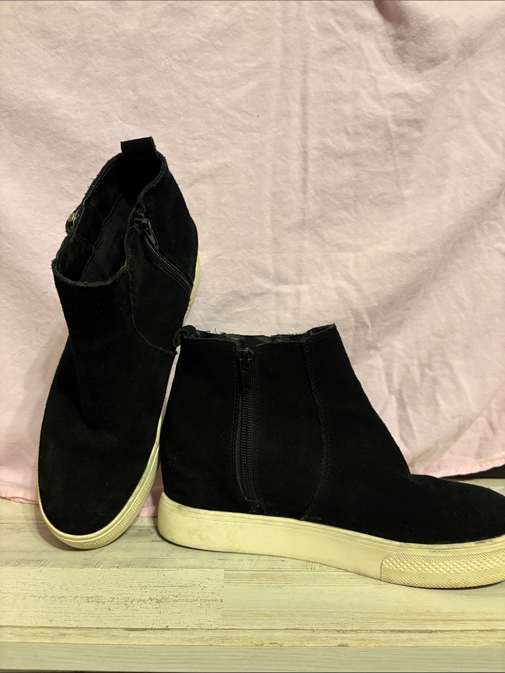 Steve Madden Black Suede Wedge Sneaker Booties with white Platform